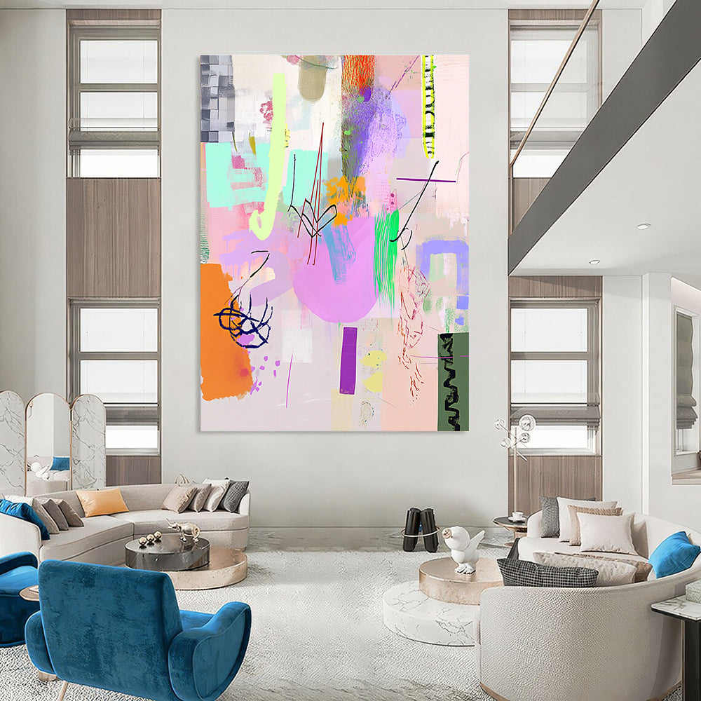 A large abstract painting featuring light pink purple and green shapes with line art and textures in a playful collage-inspired style.STSC1042
