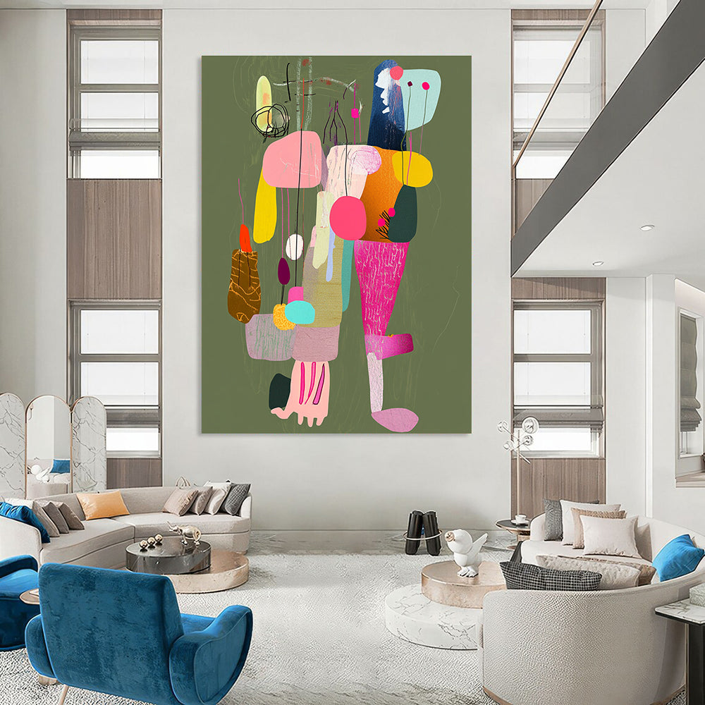 Large abstract painting featuring a colorful collage of limbs with strings connecting to various places against a muted greenish brown background.STSC970