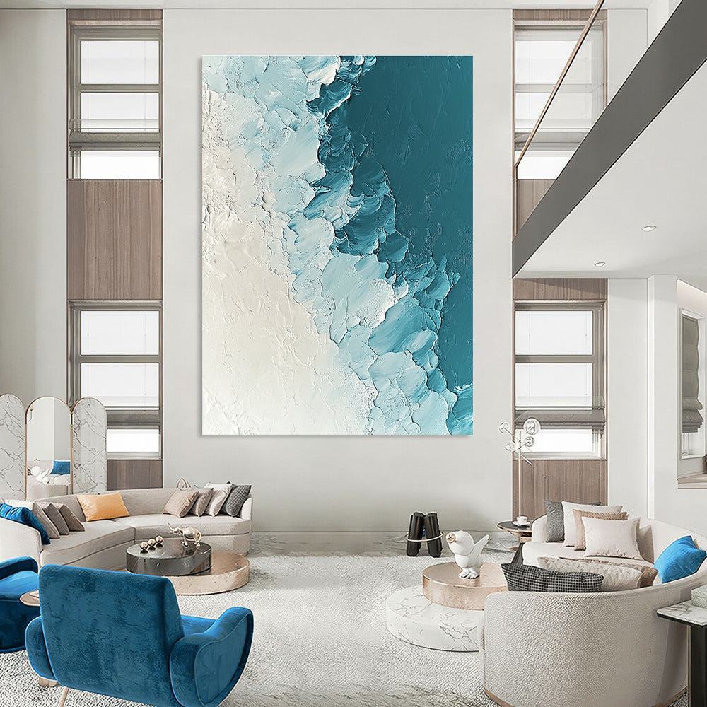 Large abstract painting depicting ice and snow in light blue and white tones with heavy impasto texture and ultra-high resolution.STSC311