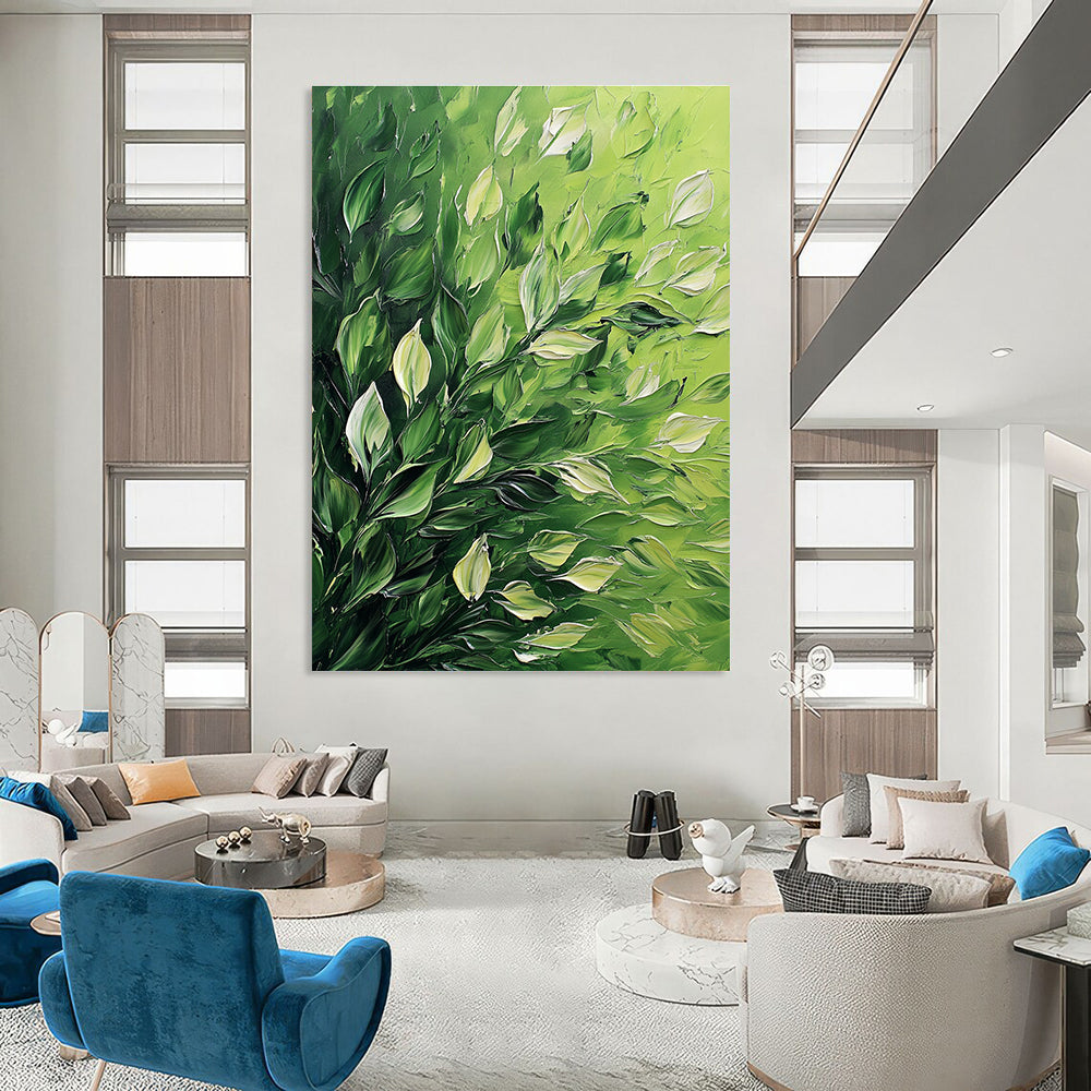 Large Abstract Painting Featuring Lush Foliage With Thick Brush Strokes Set Against A High Contrast Vibrant Green Background.STSC1310