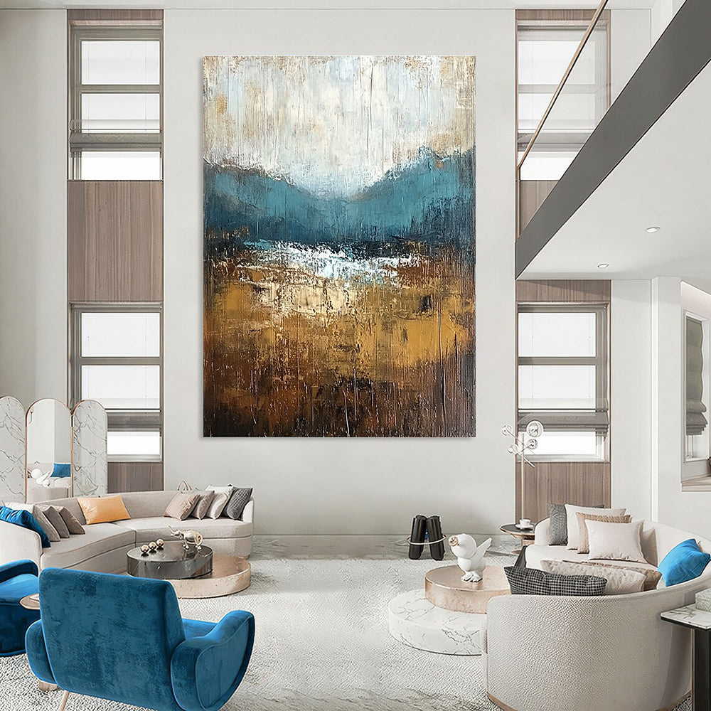 Large abstract painting with textured layers in earthy tones capturing nature's beauty and soft atmospheric lighting on canvas.STSC093