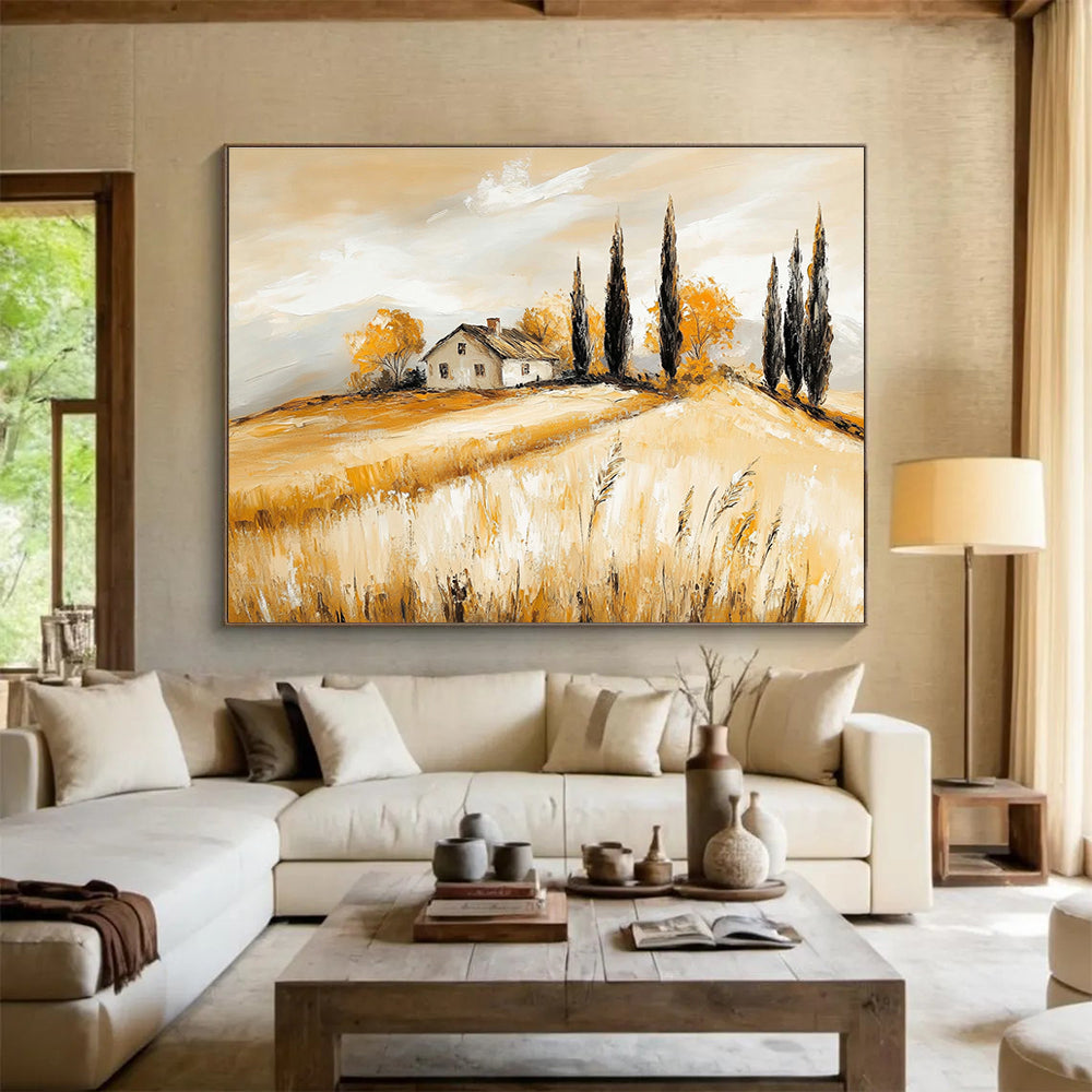 Yellow - Toned Rural Landscape Abstract Painting with a House DYP134