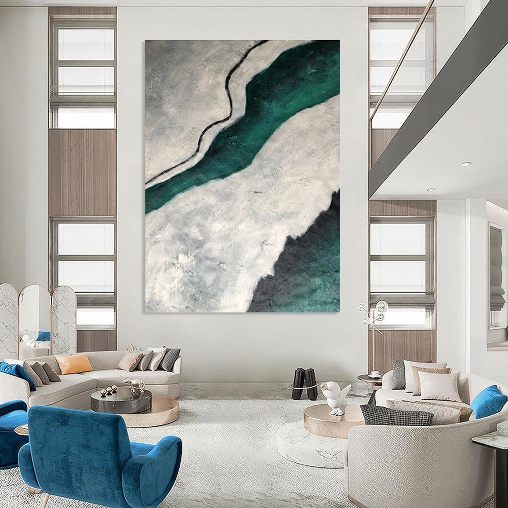 Teal and Gray Textured Abstract Painting with Flowing Forms ADGE403