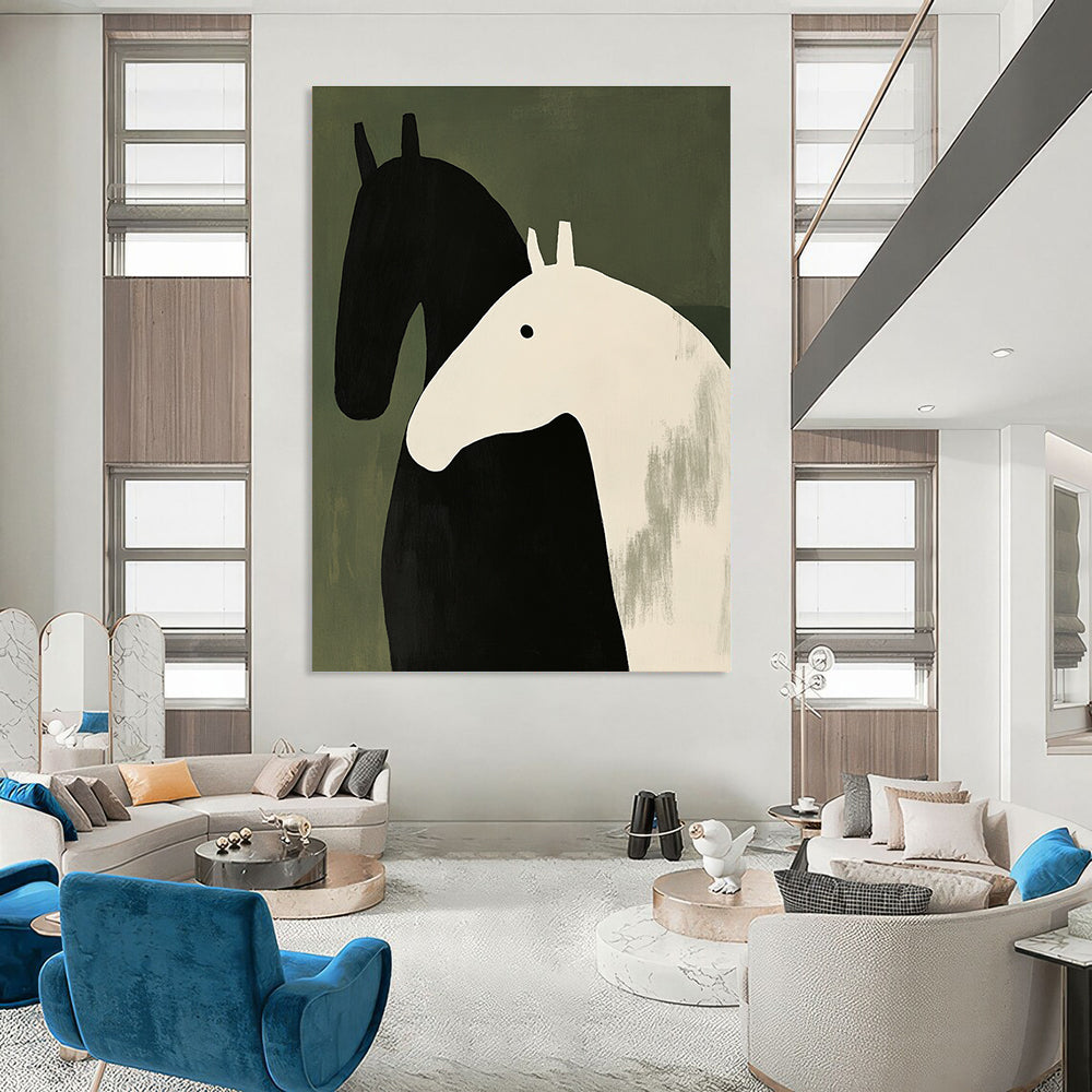 Large abstract painting featuring two horses in black and white with thick brushstrokes on a green background inspired by Henri Matisse's minimalism.STSC1077