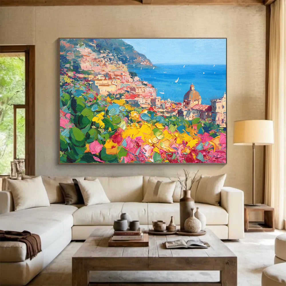 Pink Yellow Blue Hillside Coastal Town Painting THY488