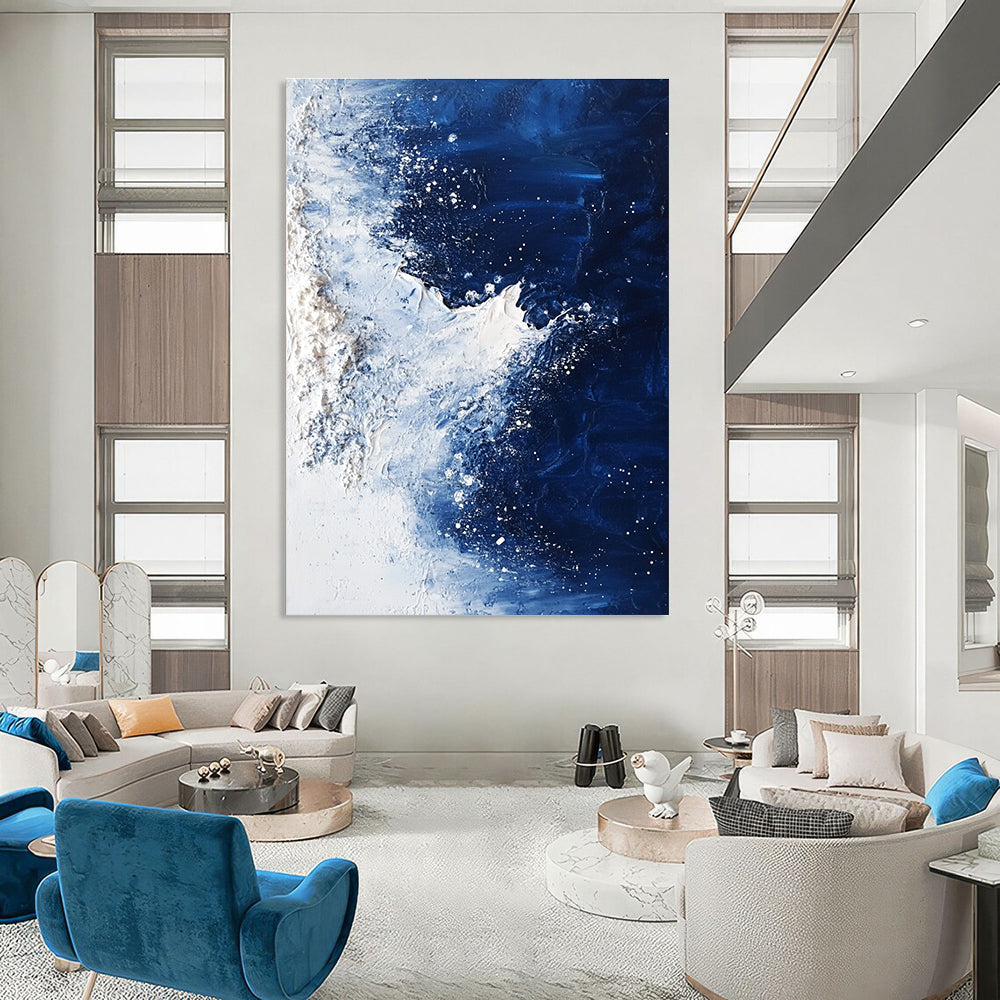 Large abstract painting depicting the North Pole with deep blue water ice and dynamic white brush strokes.STSC341