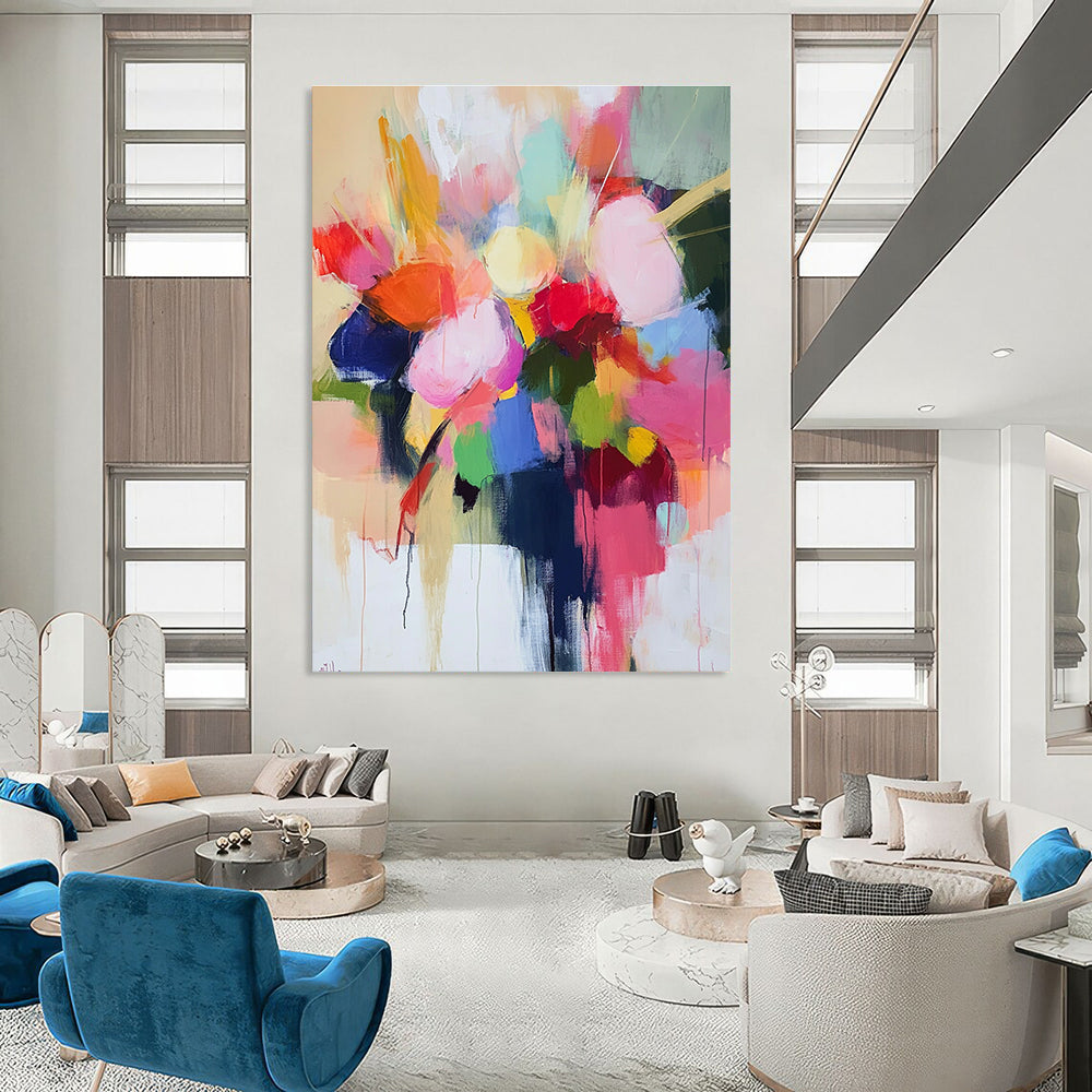 Large abstract painting with loose brush strokes in pastel colors featuring a vibrant floral vase and harmonious shapes conveying joy and optimism.STSC773