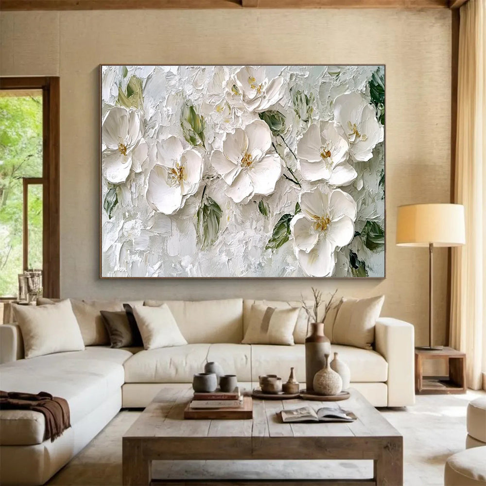 White Floral Texture Abstract Painting with Subtle Green Accents THY304