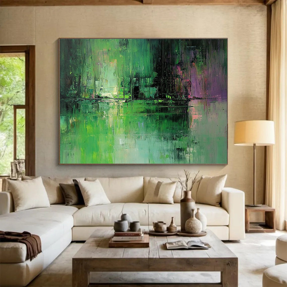 Large abstract oil painting of a green and grey lake with subtle reflections inspired by Jeremy Mann's muted color palette.SC114