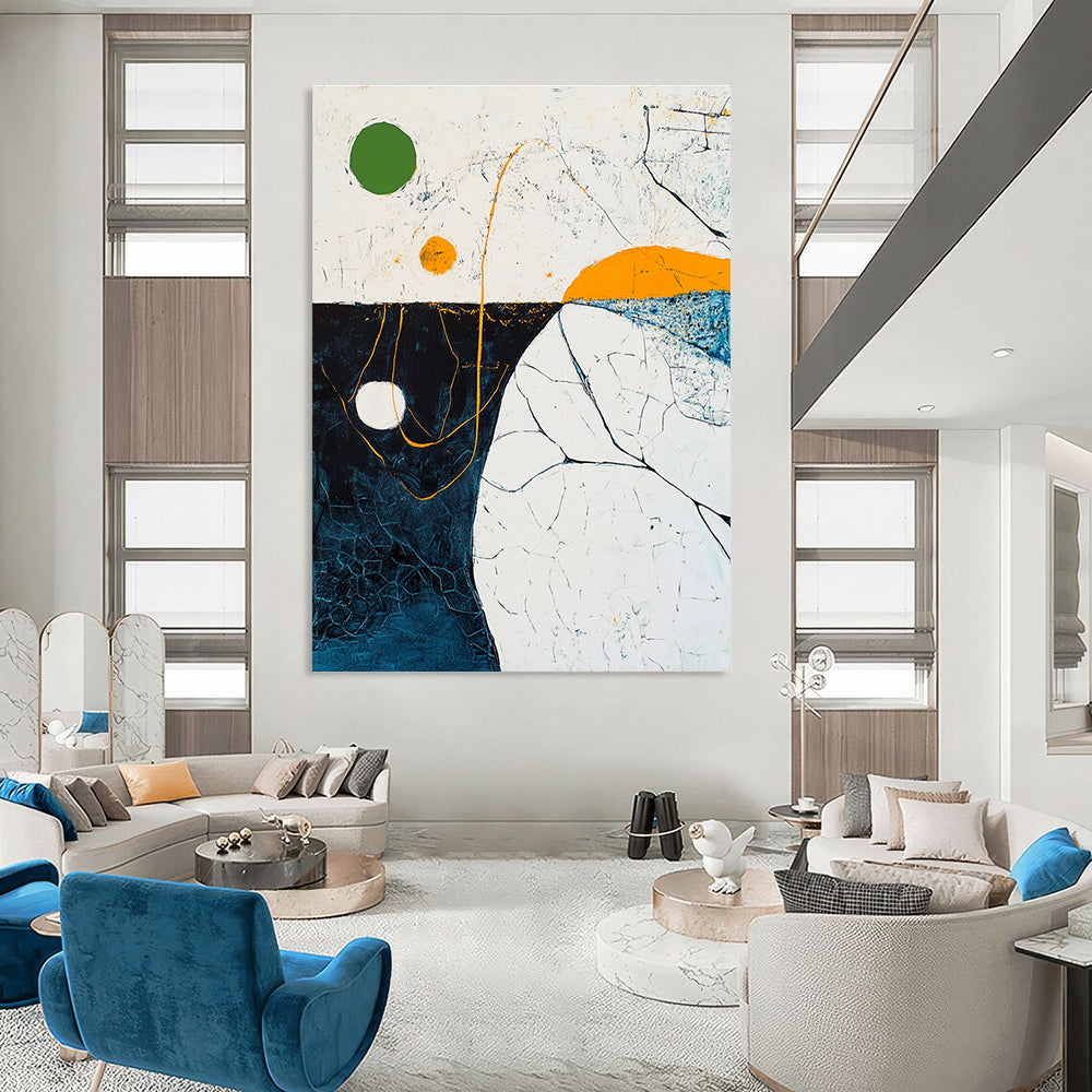 Large abstract painting depicting an aerial ocean view with a green circle and yellow lines featuring thick brush strokes and vibrant colors.STSC255