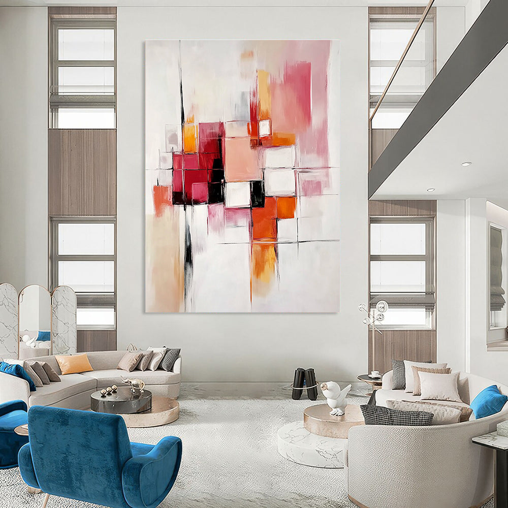 Abstract oil painting with bold brush strokes and geometric shapes in light pink, orange, red, white, grey, and beige on a white background.STSC582