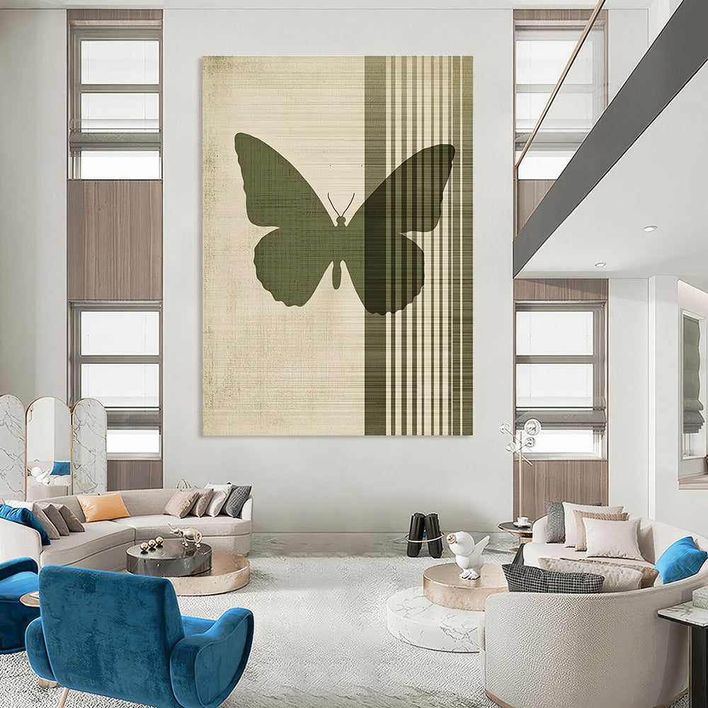 Abstract painting featuring a green butterfly on a beige background with vertical lines and vintage texture in muted colors.STSC1009