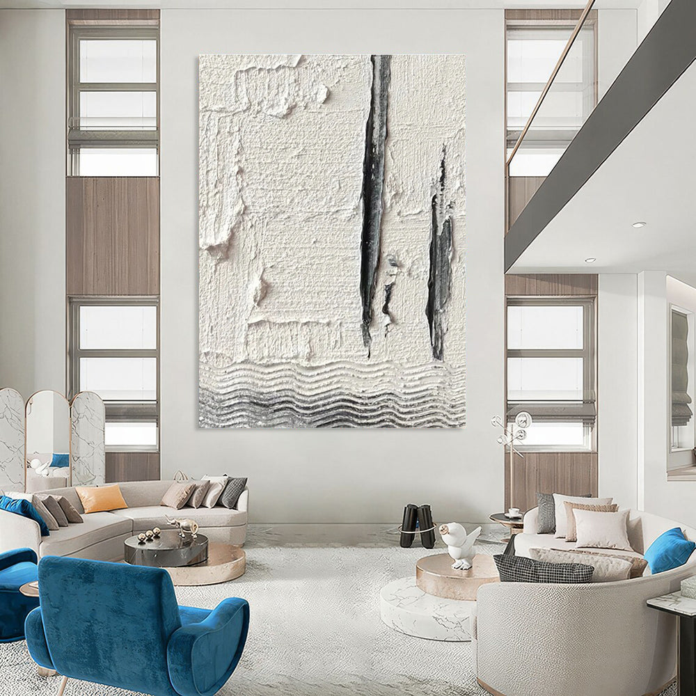 Textured White and Gray Abstract Painting with Vertical Elements ADGE371