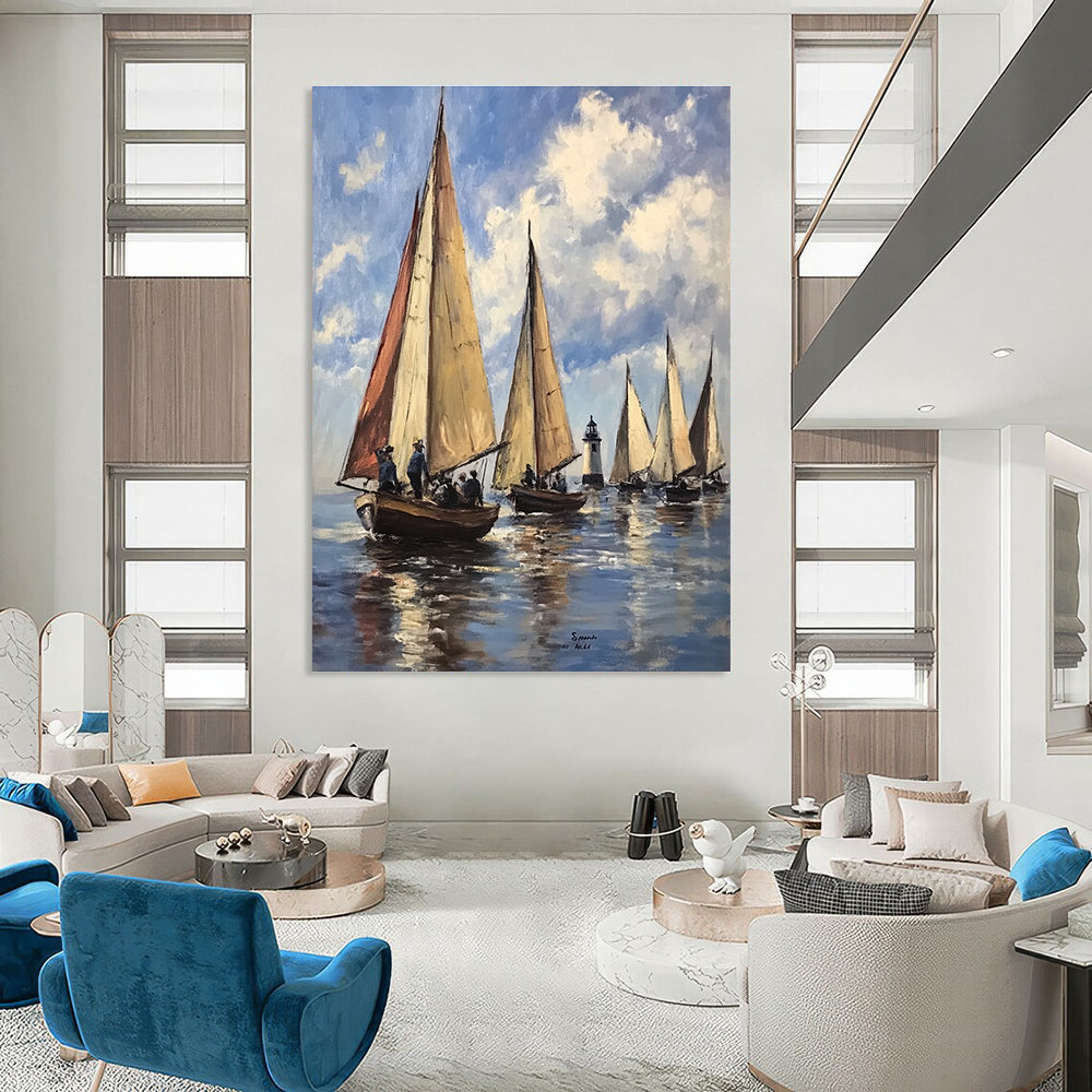 Abstract painting depicting sailboats on water under a light blue sky with clouds inspired by 20th-century French artists.STSC1134
