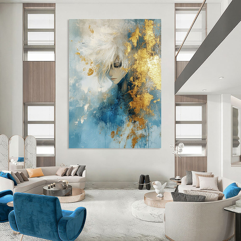 Large abstract painting with textured light blue and gold hues accented by gold foil creating an atmospheric effect.STSC449