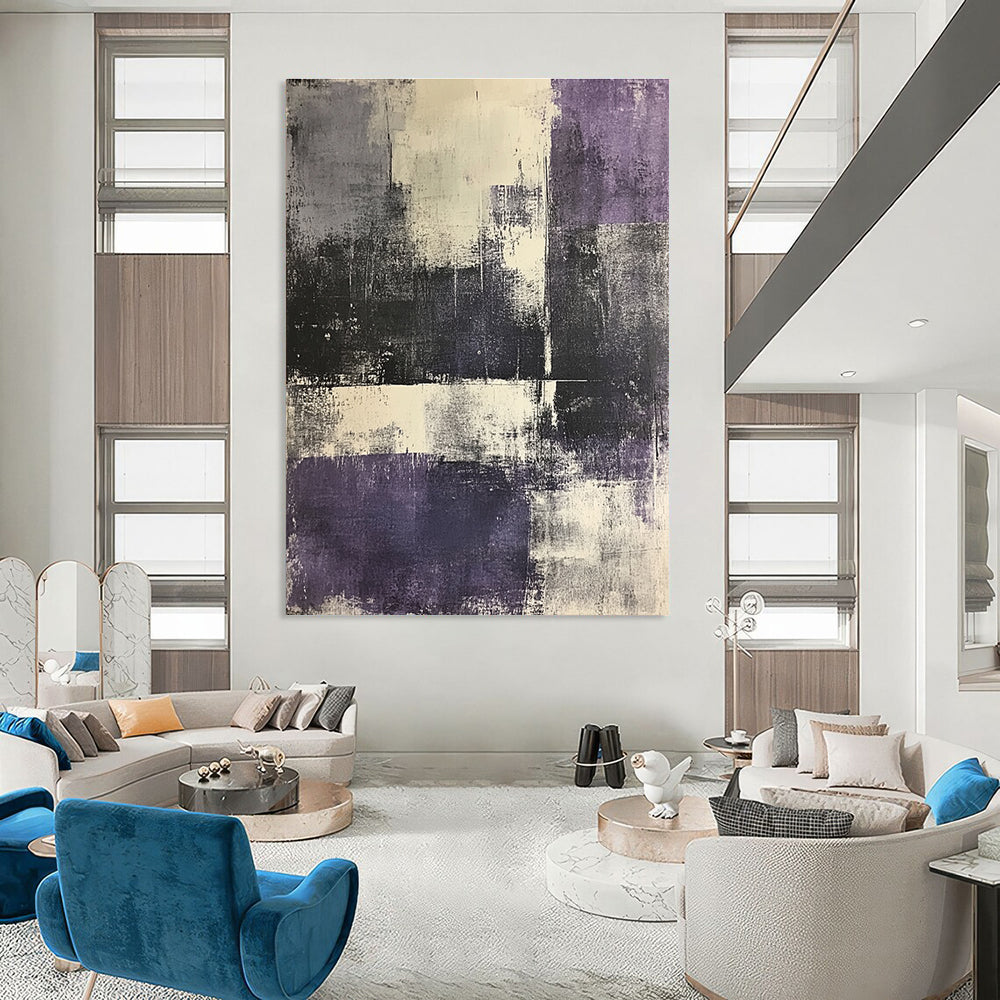 Large abstract painting in shades of gray and purple featuring an urban landscape with white elements on textured paper.STSC622