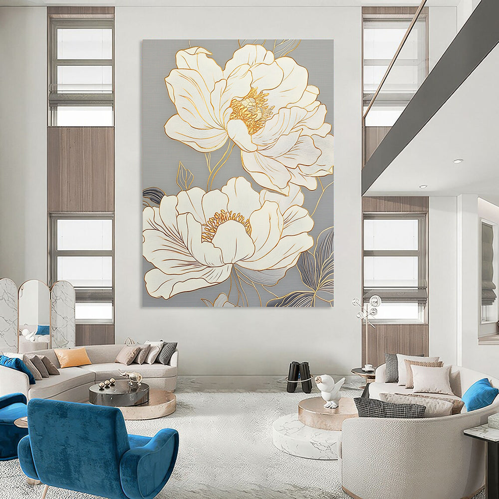 Large abstract painting featuring peony flowers with delicate lines glass texture and gold outlines on a light gray background.STSC1433
