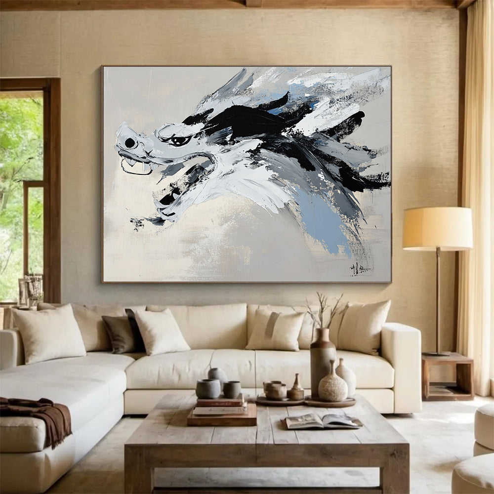 Abstract painting with black and white brushstrokes on light gray, featuring a close-up of a Chinese dragon head in Wu Guanzhong style.SC228