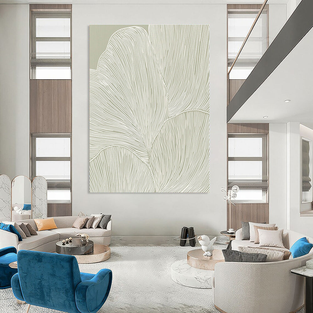 Large abstract art features elegant white line petals on soft gray beige paper creating a tranquil minimalist pattern with seamless curves.STSC1483