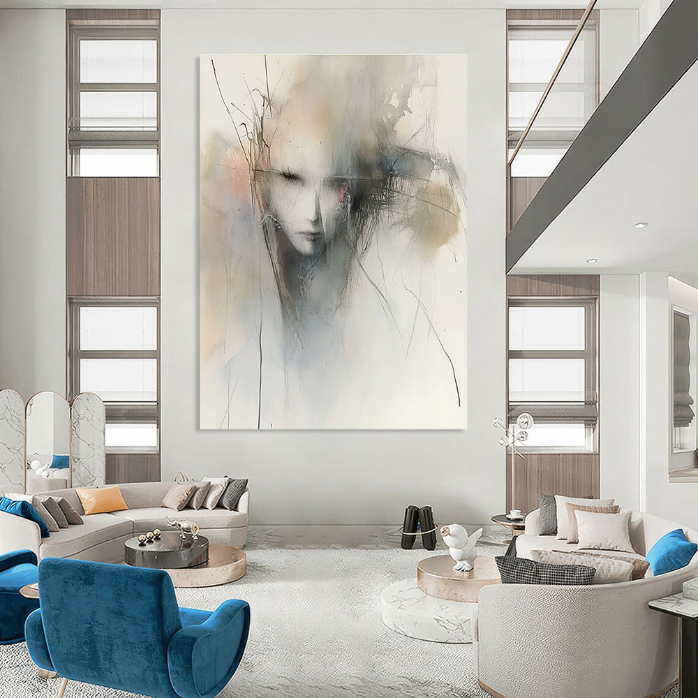 Large abstract watercolor painting featuring atmospheric muted tones and emotional gestures inspired by Peter Wileman and Cecily Brown.STSC840