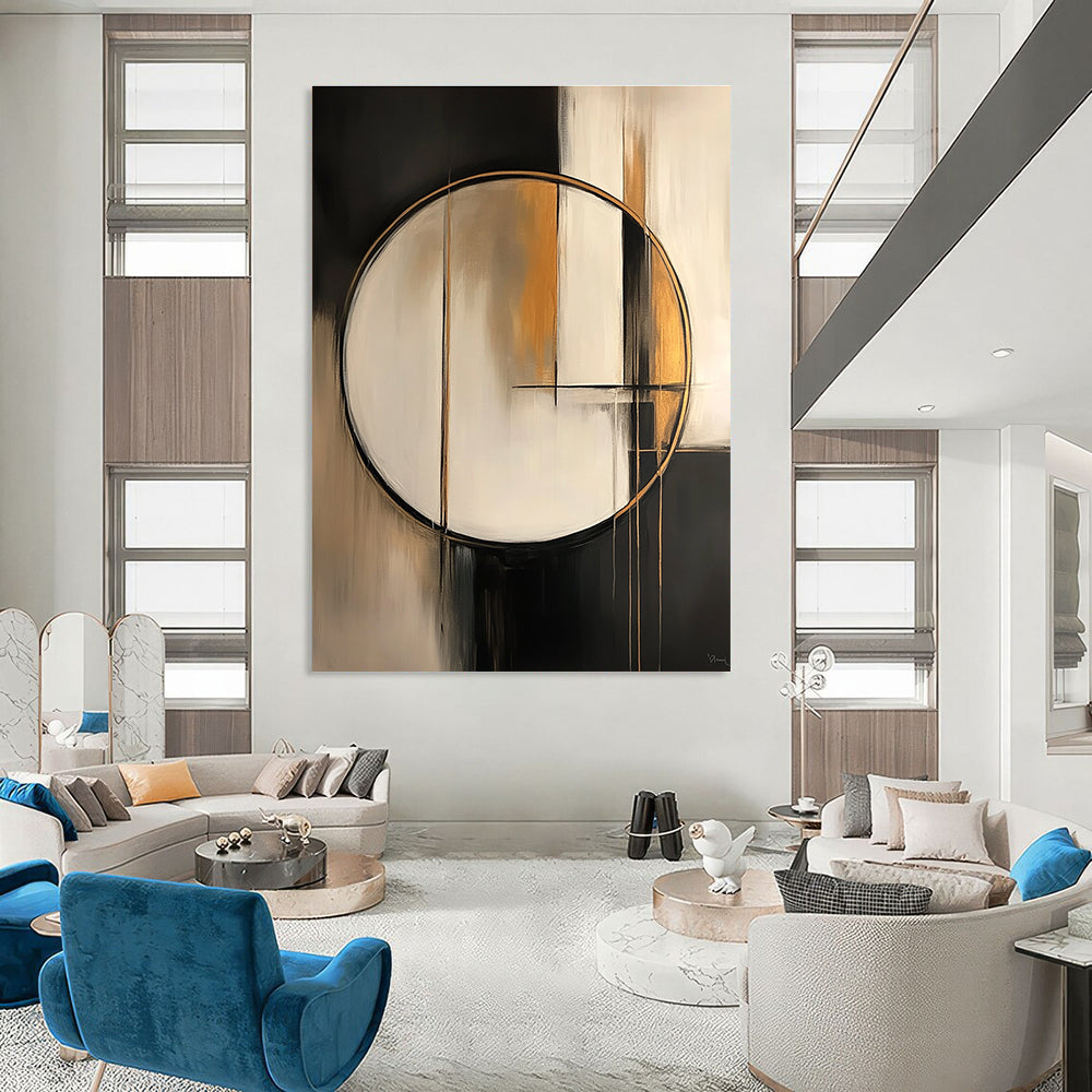 Large abstract painting featuring a white circle with gold lines set against an abstract geometric background in soft black grey and beige tones.STSC209