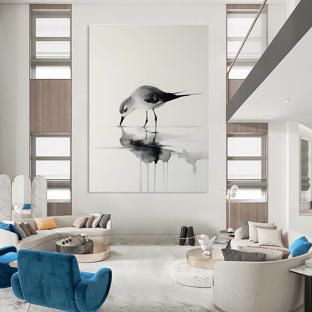 A large abstract painting featuring a bird walking on water with delicate brushstrokes in black and gray tones against a white background.STSC906