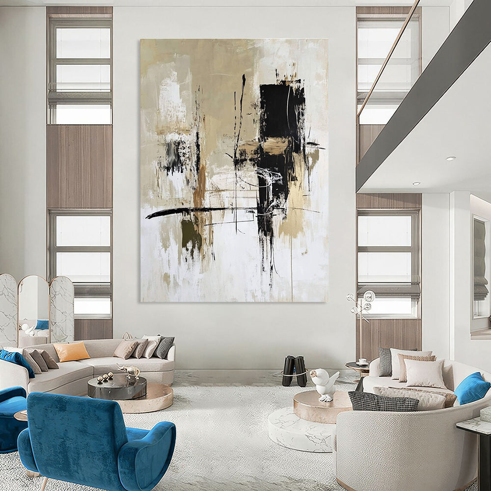 Large abstract painting with bold brushstrokes in high-contrast black white and beige featuring layers of color and dynamic shapes for modern decor.STSC413