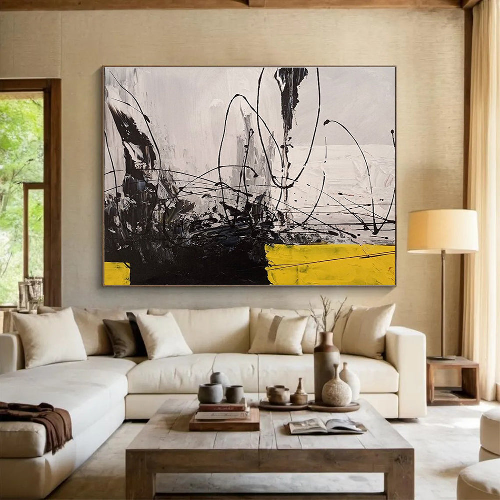 Black White Yellow Abstract Painting THY008