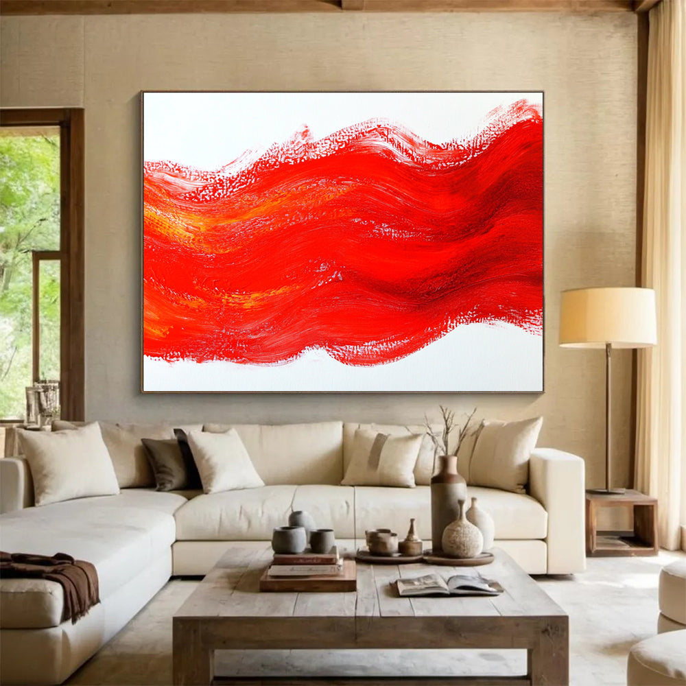 Bold abstract painting with red brushstrokes and flowing lines creating a dynamic interplay of light and shadow on a white background.SC609