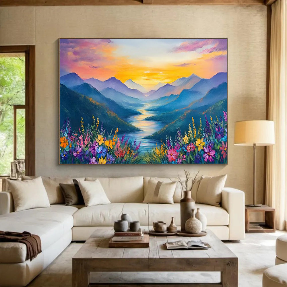 Sunset Mountain Valley Abstract Painting with Dramatic, Colorful Hues THY414