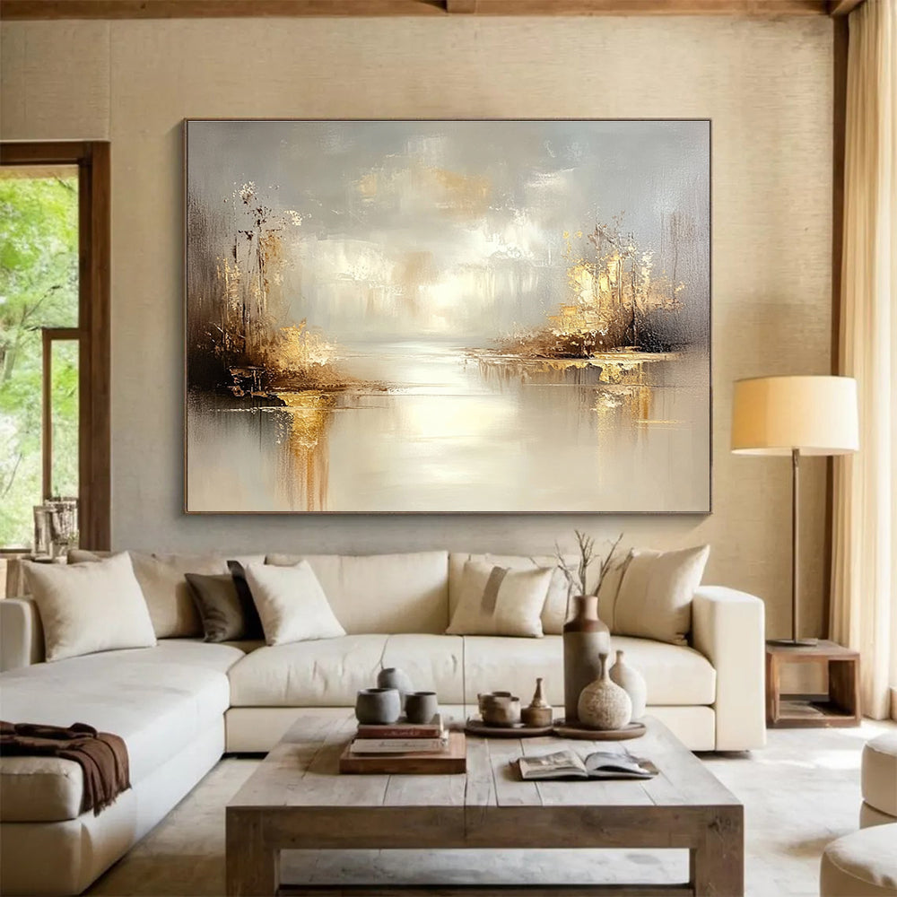 Large abstract oil painting of a misty lake featuring grey and beige tones with stunning gold accents for a serene ambiance.SC117