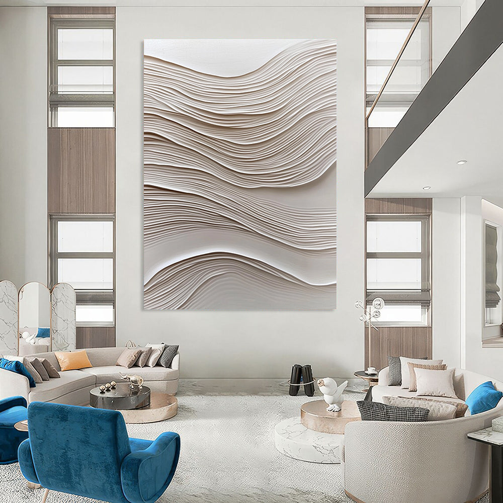 Large Abstract Art Featuring Wavy Lines on White Paper with Soft Lighting and Oil Painting Texture Highlighting Elegance and Simplicity.STSC965