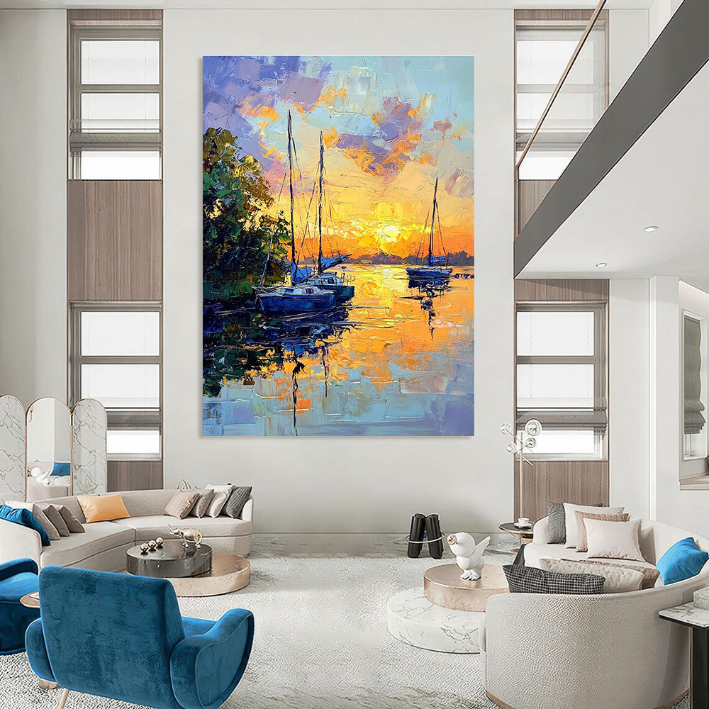 Abstract painting of sailboats at sunset with vibrant colors large brush strokes and serene reflections on the riverbank surrounded by lush greenery.STSC1394