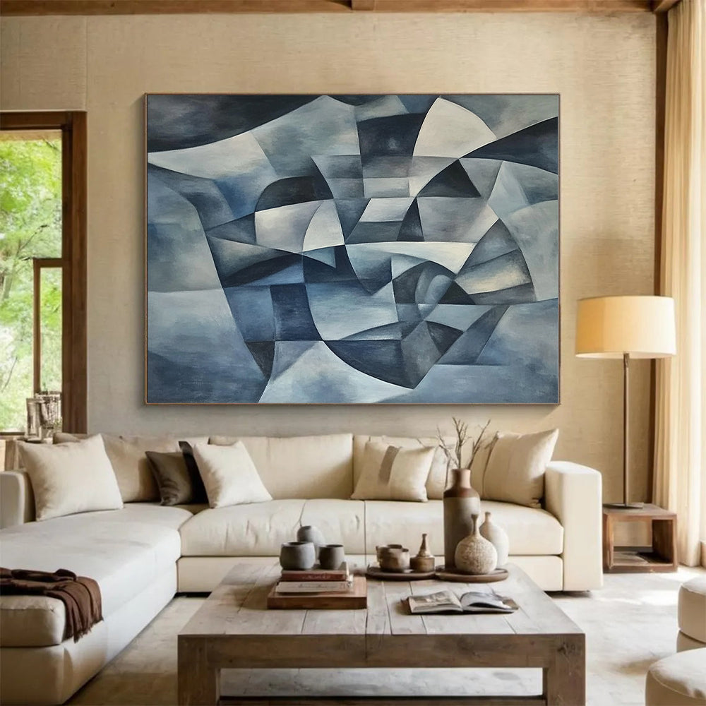 Blue Geometric Abstract Painting with Cubist Influences GER591