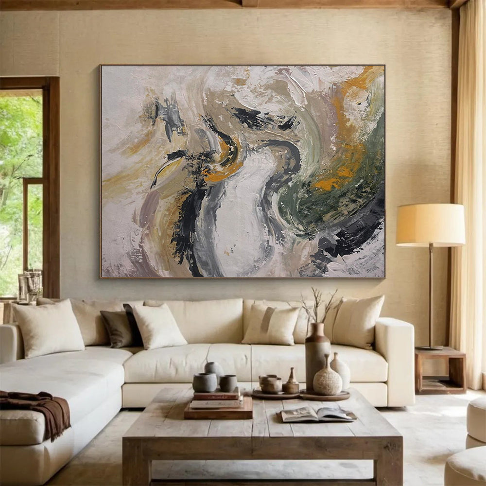 Gray Gold Green Abstract Painting with Subtle, Natural Inspirations THY387