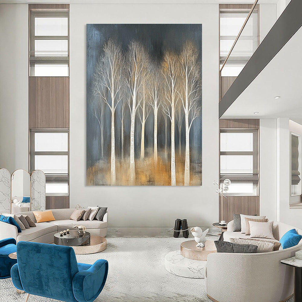 Large abstract painting featuring trees with white branches on a textured canvas in muted tones against a dark gray background.STSC353