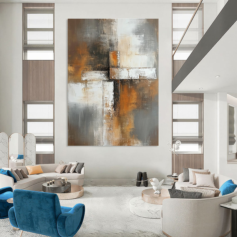 Abstrakt painting featuring soft gray brown and white tones with a blurred background and an elegant square cross in the foreground.STSC811
