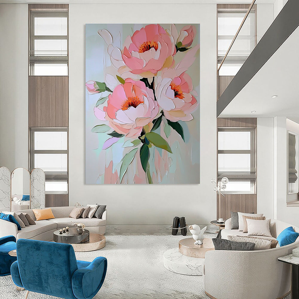 Abstract painting featuring soft pink peonies with pastel colors in an elegant oil on canvas style for a serene floral decor.STSC1413