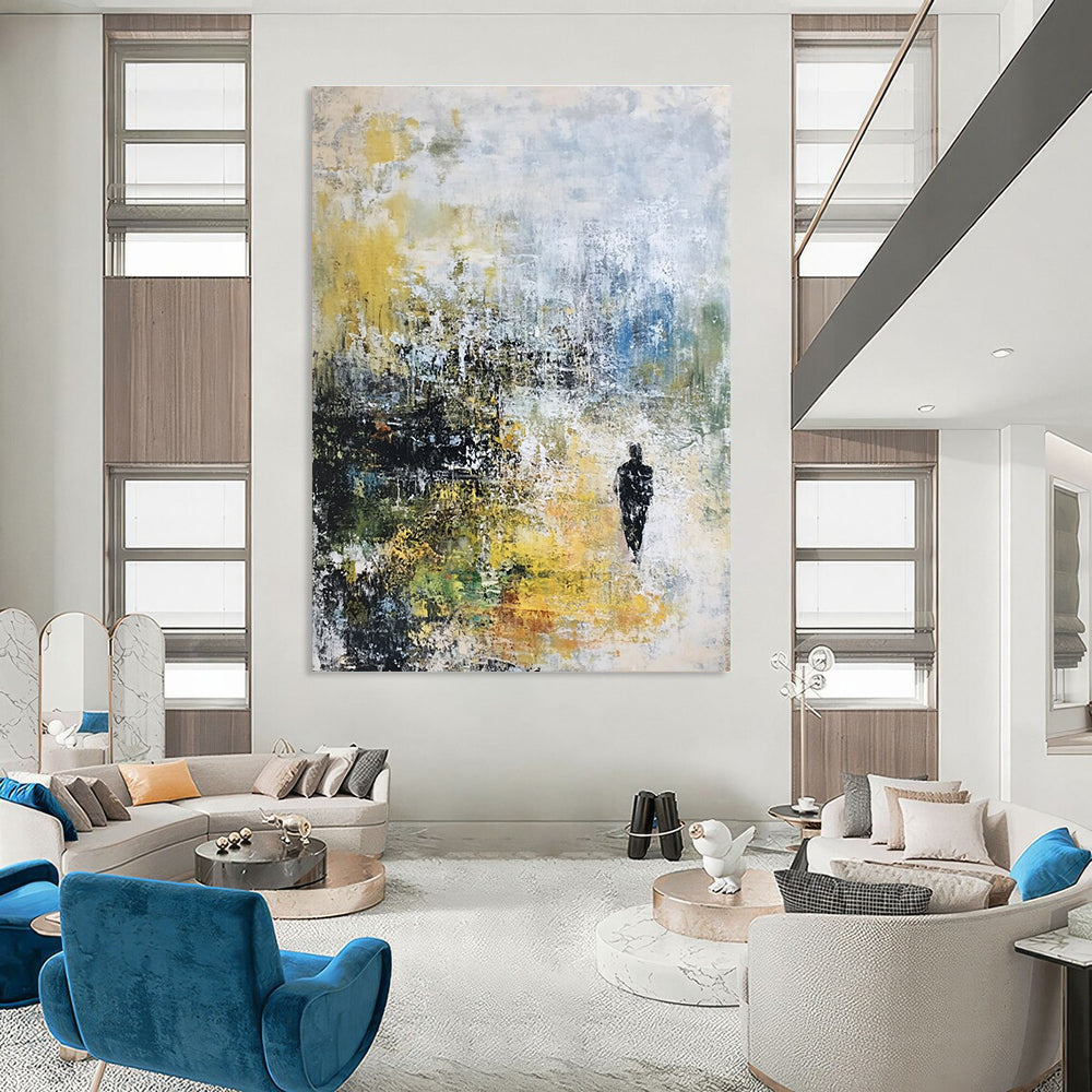 Large abstract painting on canvas with textured layers in pastel tones depicting a serene landscape under rain.STSC237