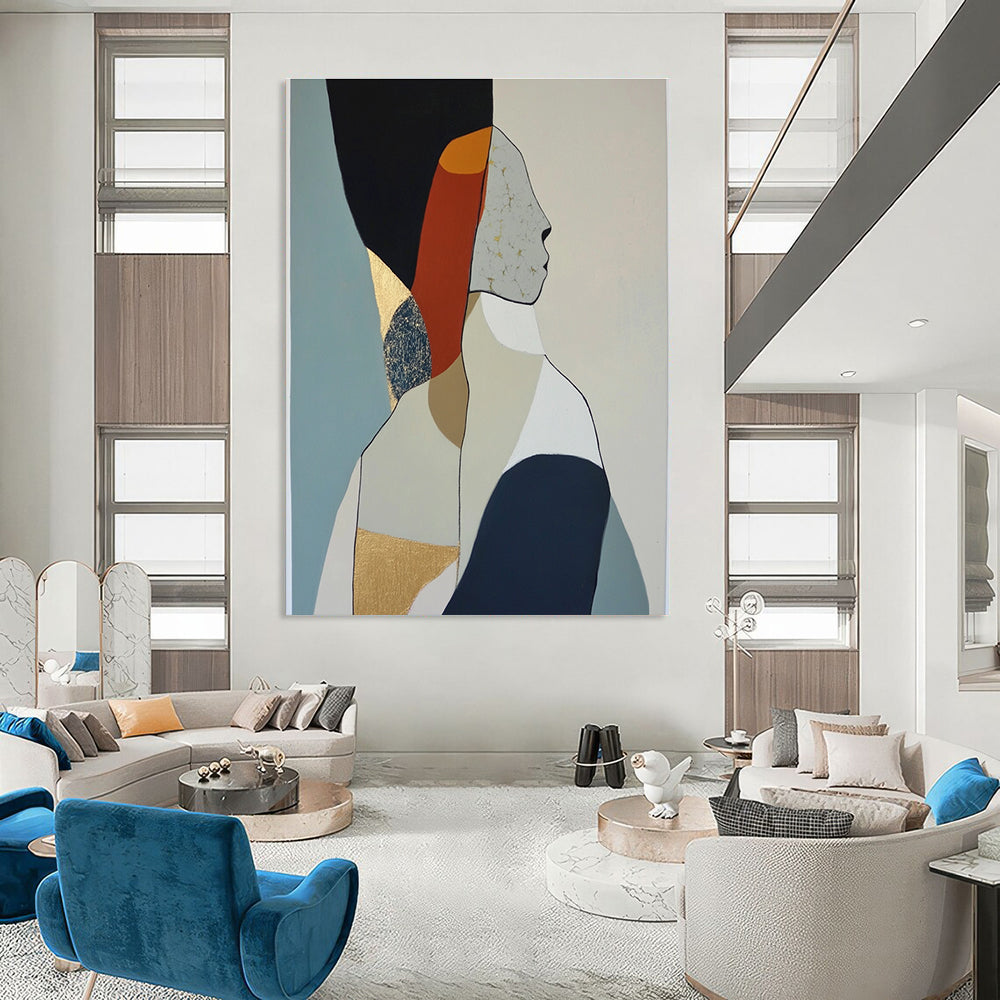 Large abstract oil painting featuring minimalist woman body shapes in muted colors with visible brush strokes and gold leaf accents.STSC1064