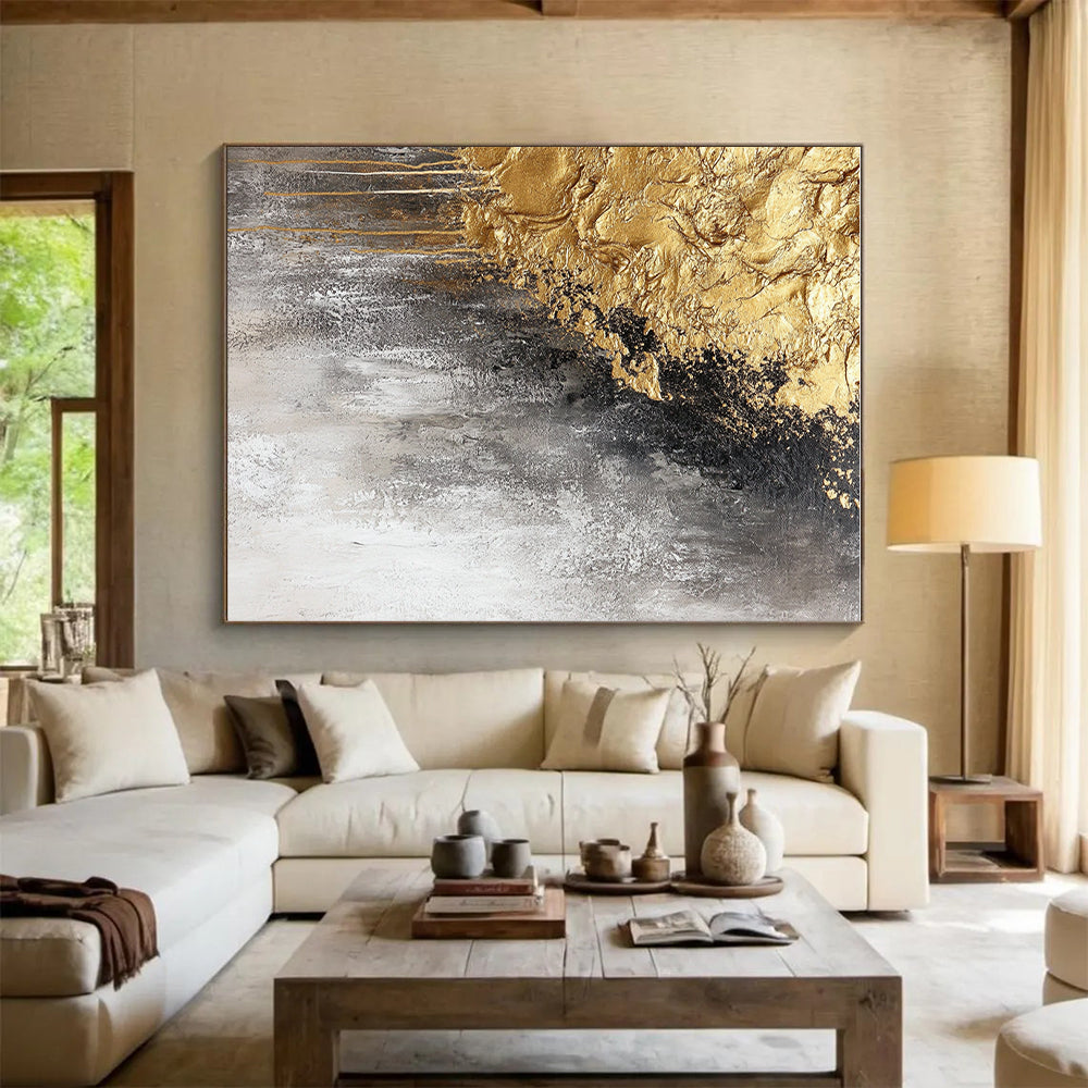 Gray Gold and Black Abstract Painting with Dripping Textures GER645