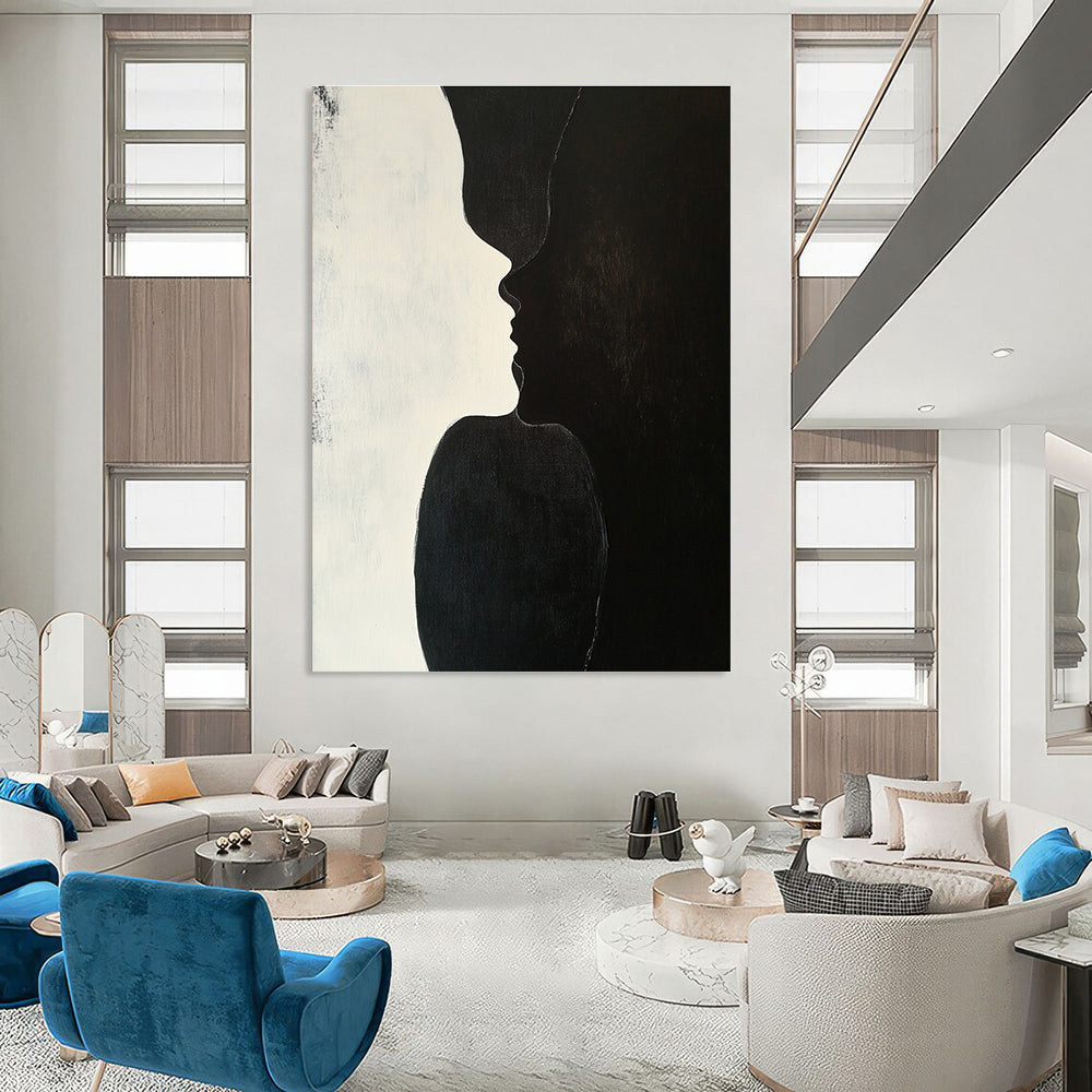 A large abstract painting featuring two figures kissing against a plain black background with subtle shadows highlighting their forms and textures.STSC909