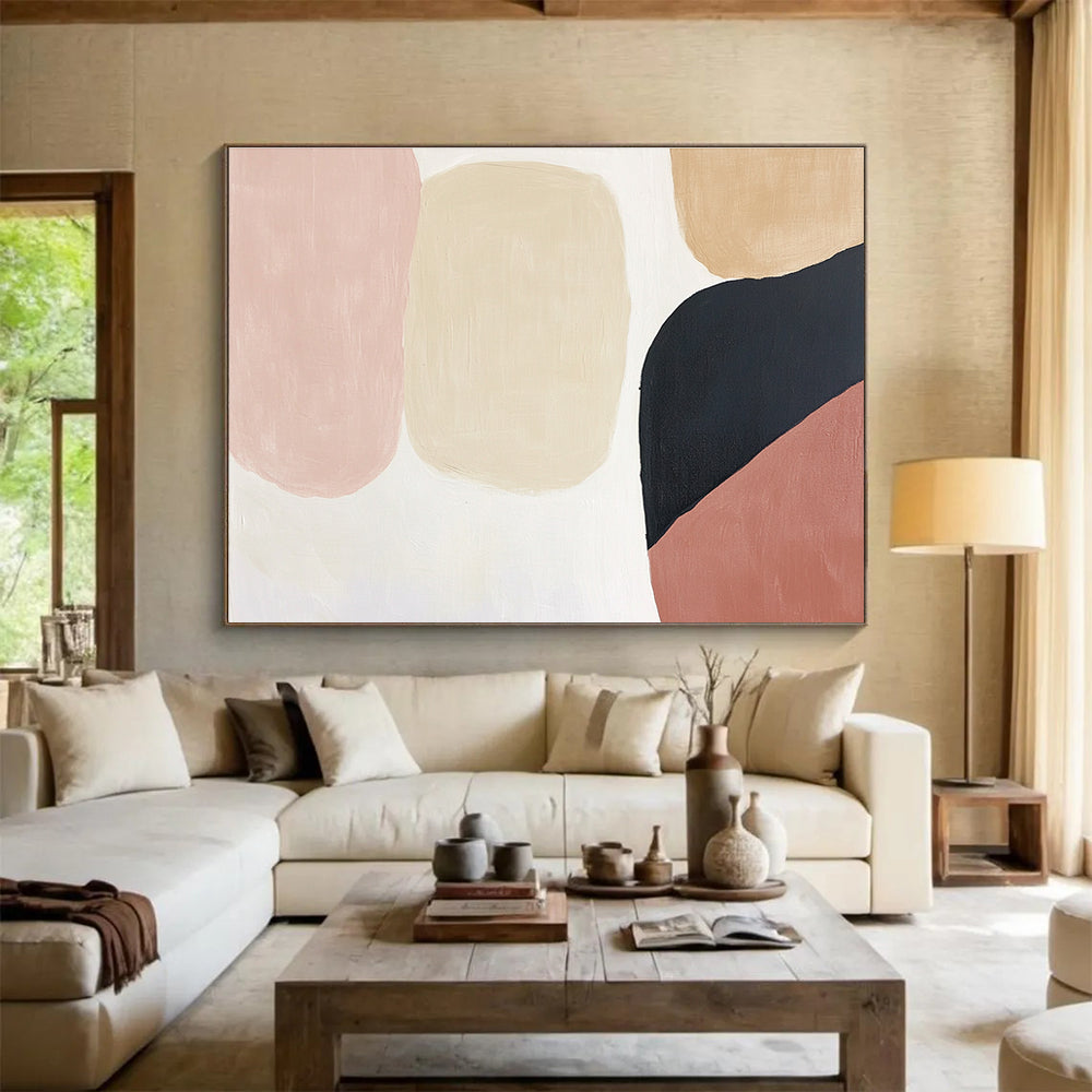Abstract art in soft pink, beige, and black hues on a clean white background perfect for modern decor and elegant spaces.SC279