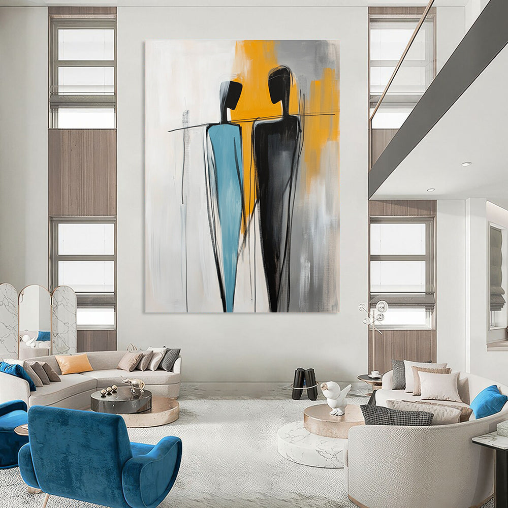 Large abstract painting featuring two figures one in light blue and the other in black with yellow accents against a white background with visible brush strokes.STSC1146