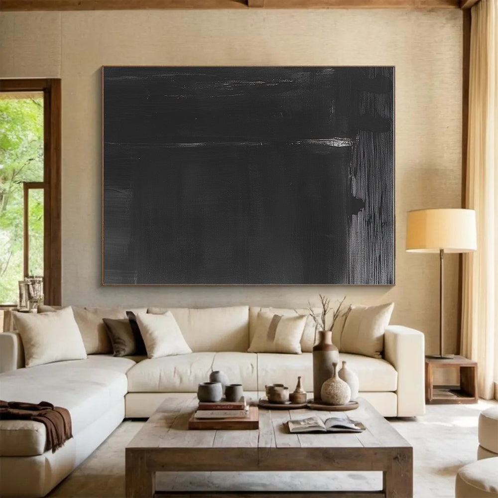Black Abstract Painting with Subtle White Accent Lines GER008