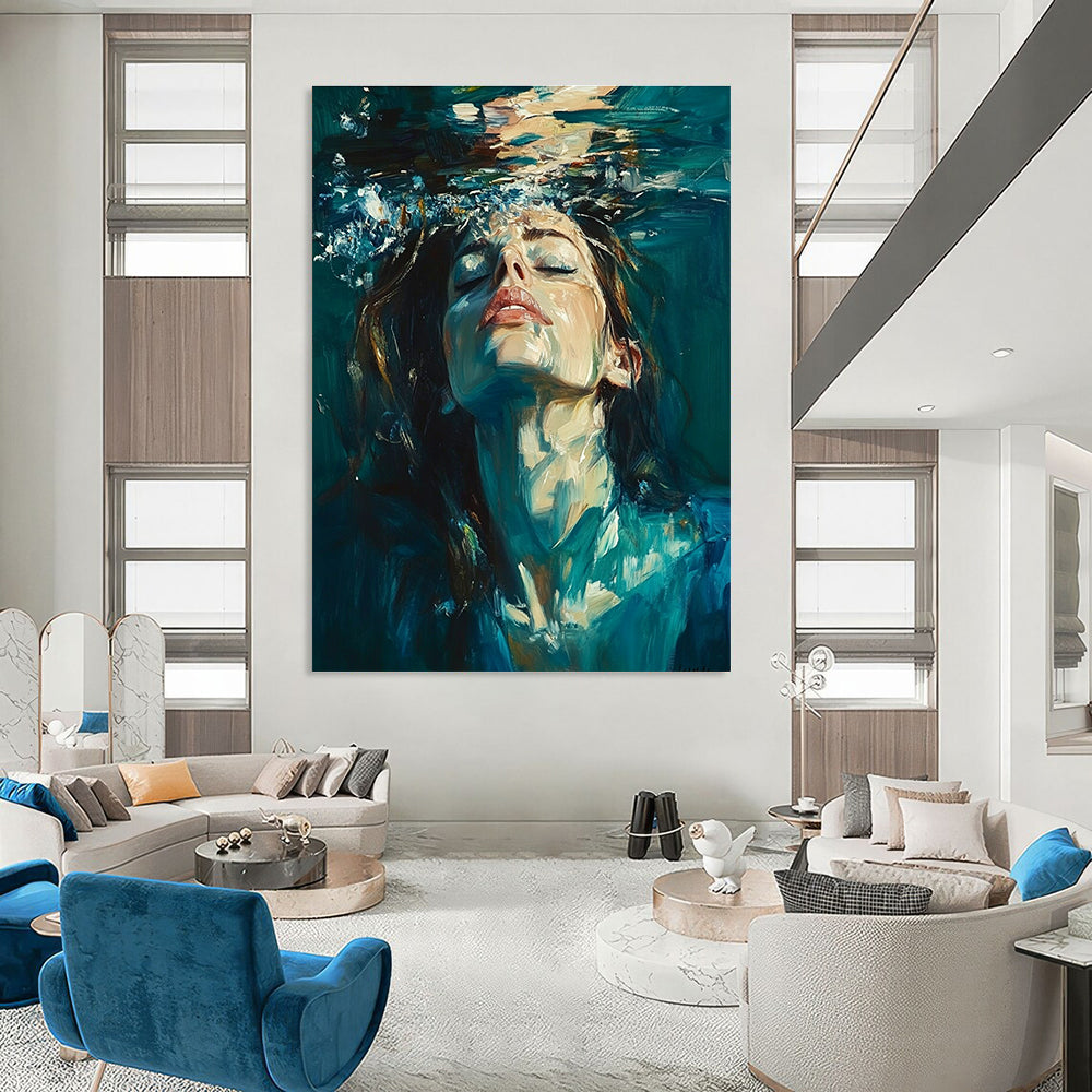 Abstract oil painting of a woman underwater with long hair and a blue-green attire against a dark teal background.STSC179