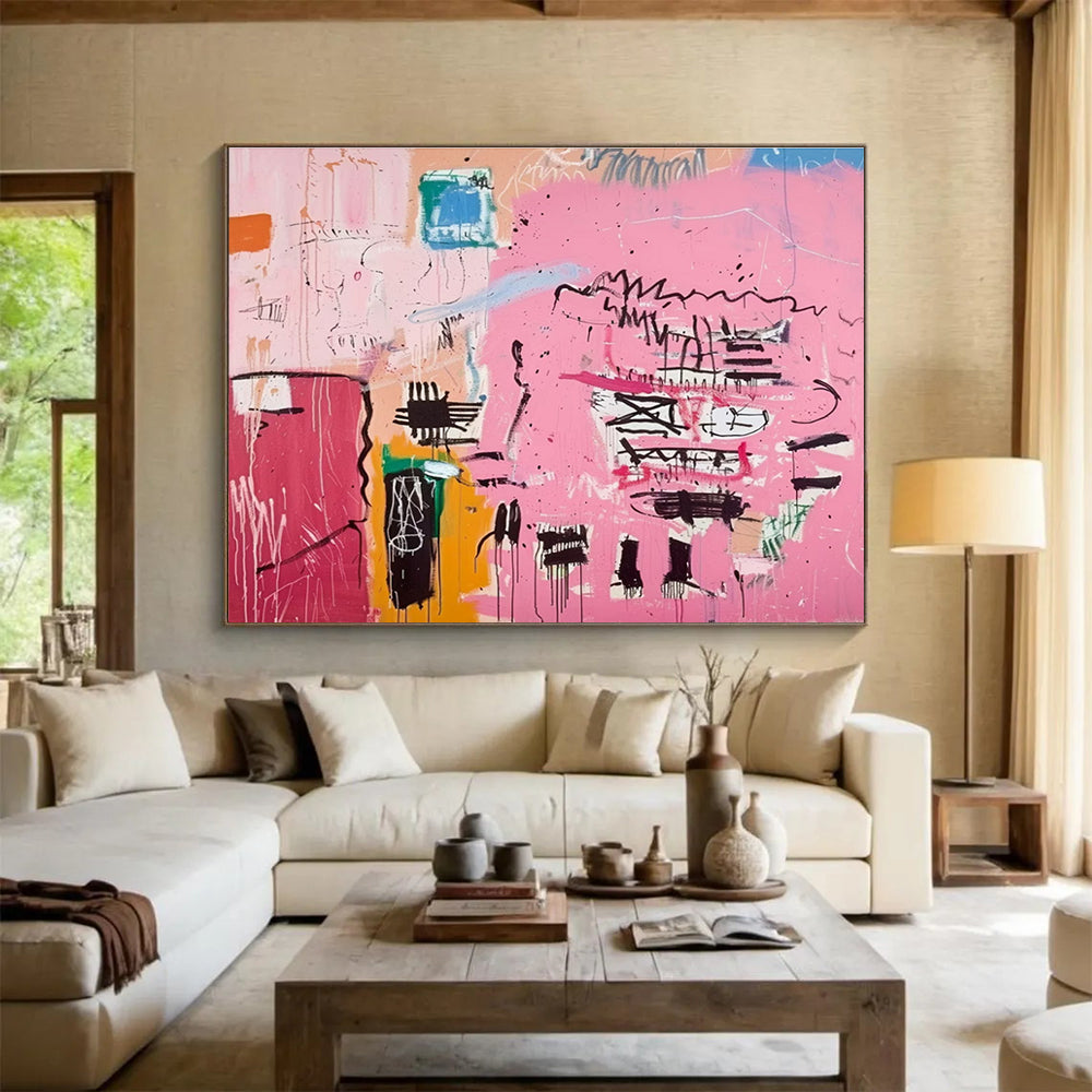 Pink Abstract Graffiti Painting with Pink, Black, and Colorful Doodles THY198