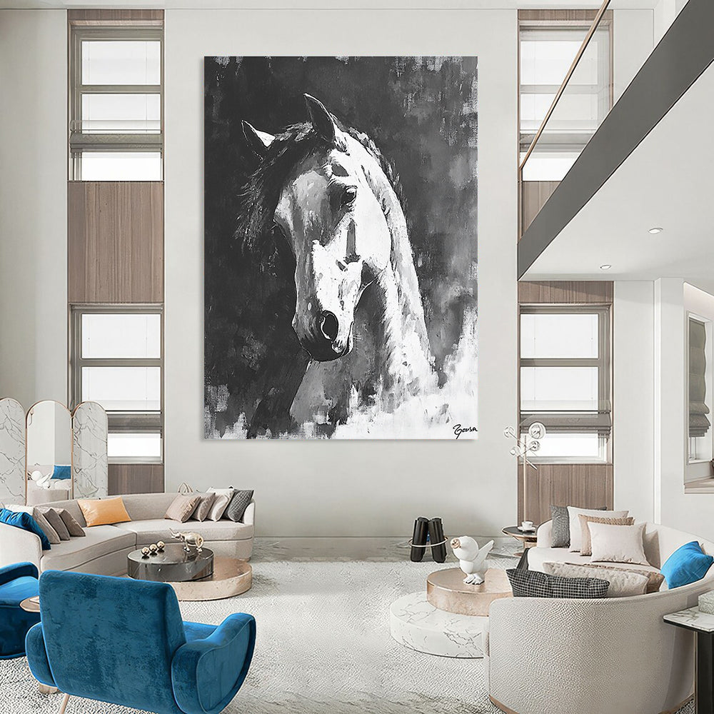 Large abstract painting of a horse in black and white featuring bold brush strokes and dramatic shadows on a textured canvas.STSC290