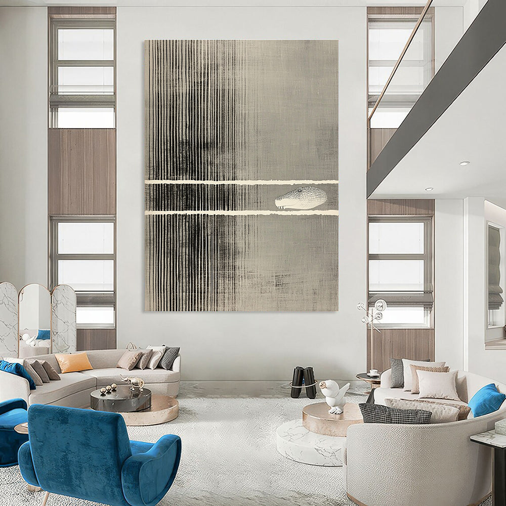 Abstract striped artwork featuring a cut-out section revealing a crocodile's head on a gray background with vertical lines.STSC1183