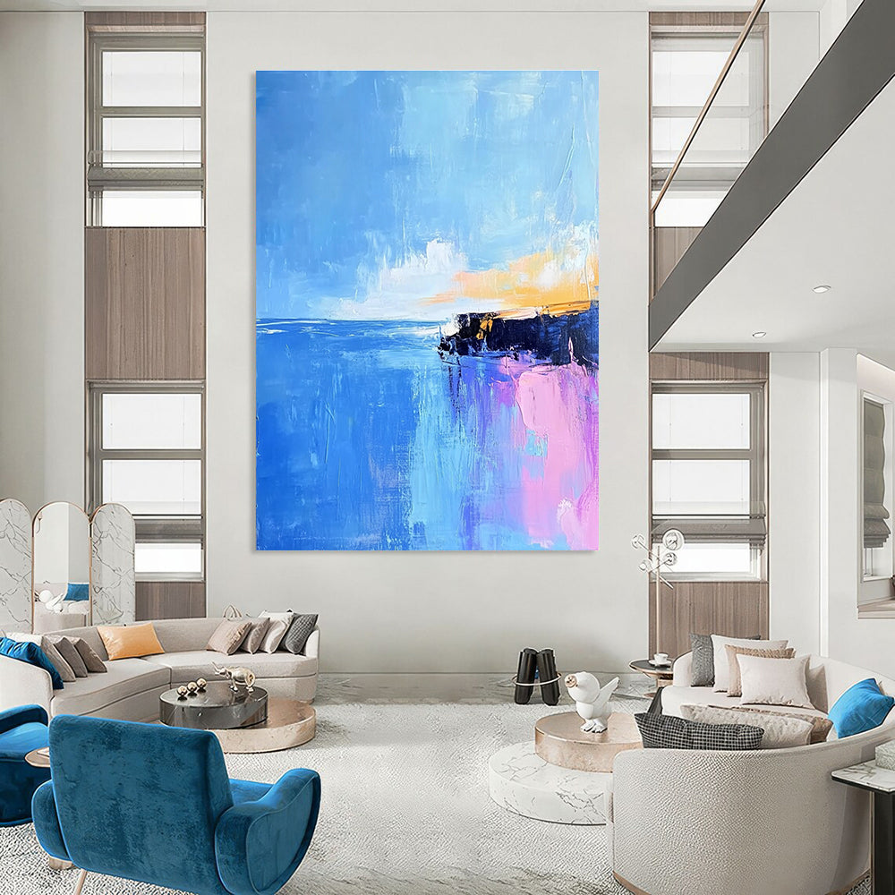 Large abstract painting of Pointe du Hoc's rocky coast in light pink and baby-blue hues with long brush strokes against a vibrant blue sky.STSC598